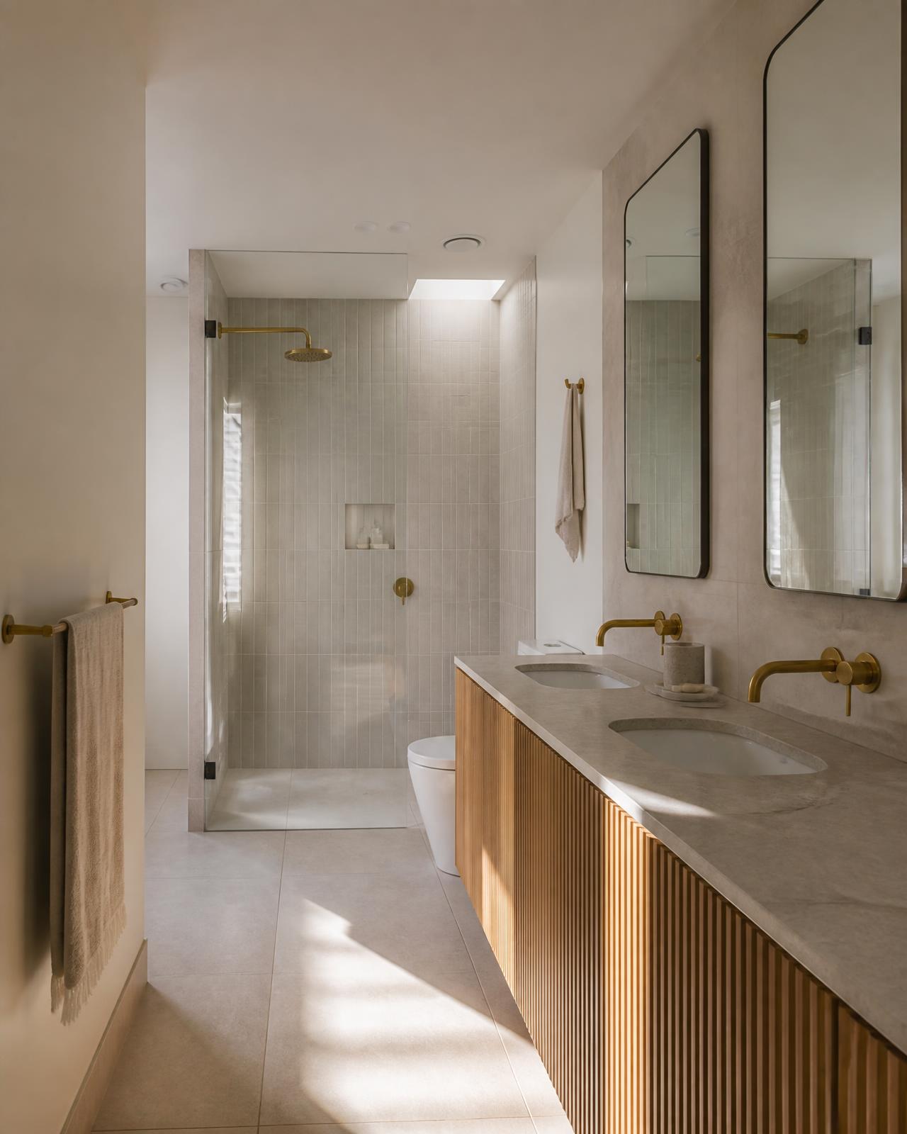 Fluted Oak & Stone bathroom design concept — fluted timber, stone benchtop, warm satin brass
