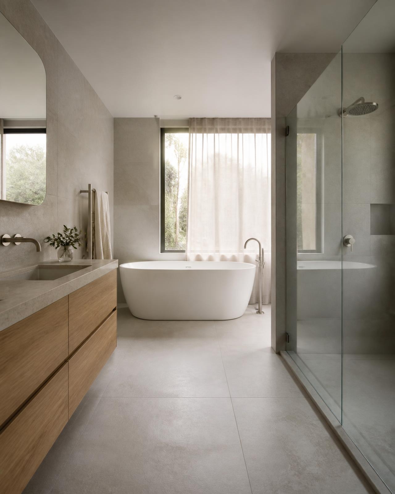 Soft Contemporary bathroom design concept — large-format porcelain, stone-top vanity, chrome tapware