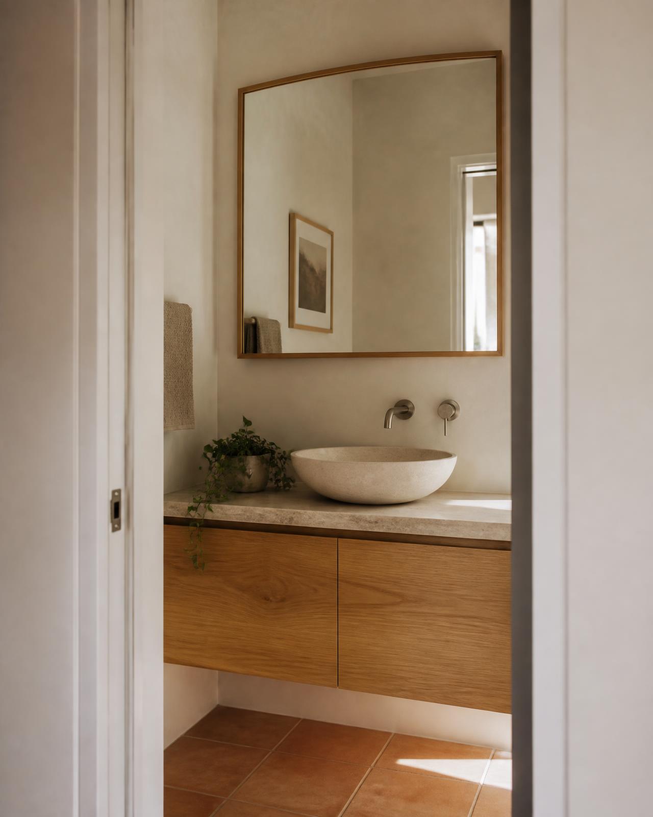 Quiet Minimal bathroom design concept — microcement walls, matte black tapware, back-lit mirror