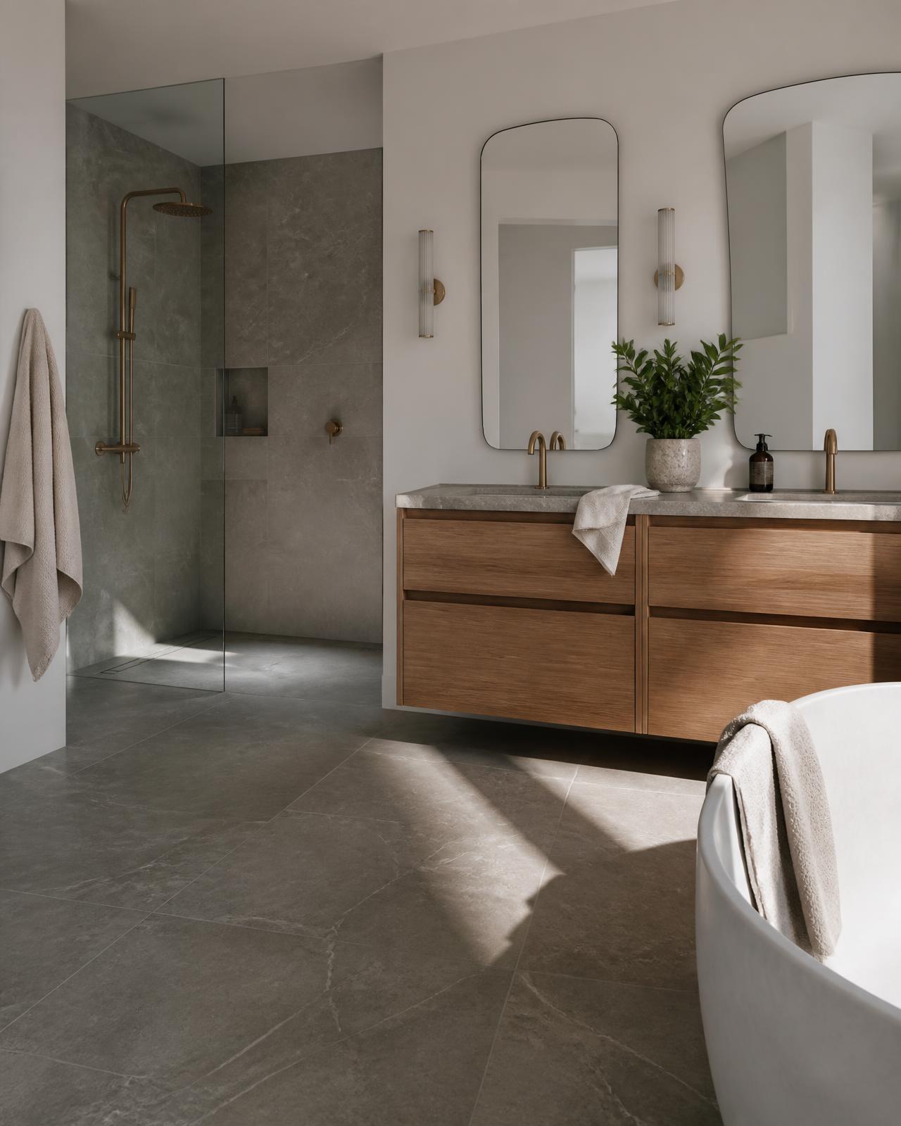 Warm Stone & Oak bathroom design concept — concrete-look floor, warm subway walls, brushed nickel tapware