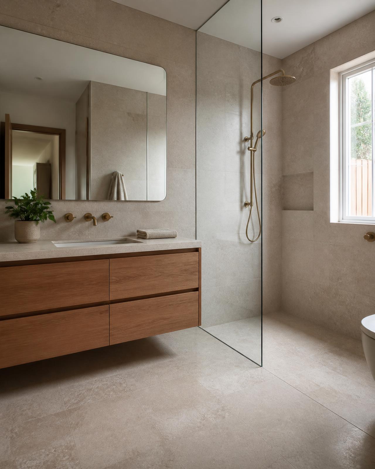 Warm Oak & Travertine bathroom design concept — honed travertine, oak veneer joinery, brushed brass tapware